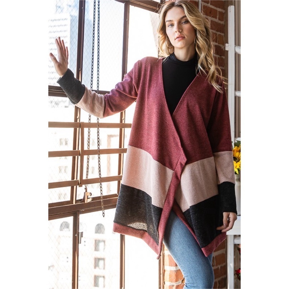 SOLID RIBBED COLOR BLOCK OPEN CARDIGAN- Dark Mauve - MEDIUM WEIGHT!